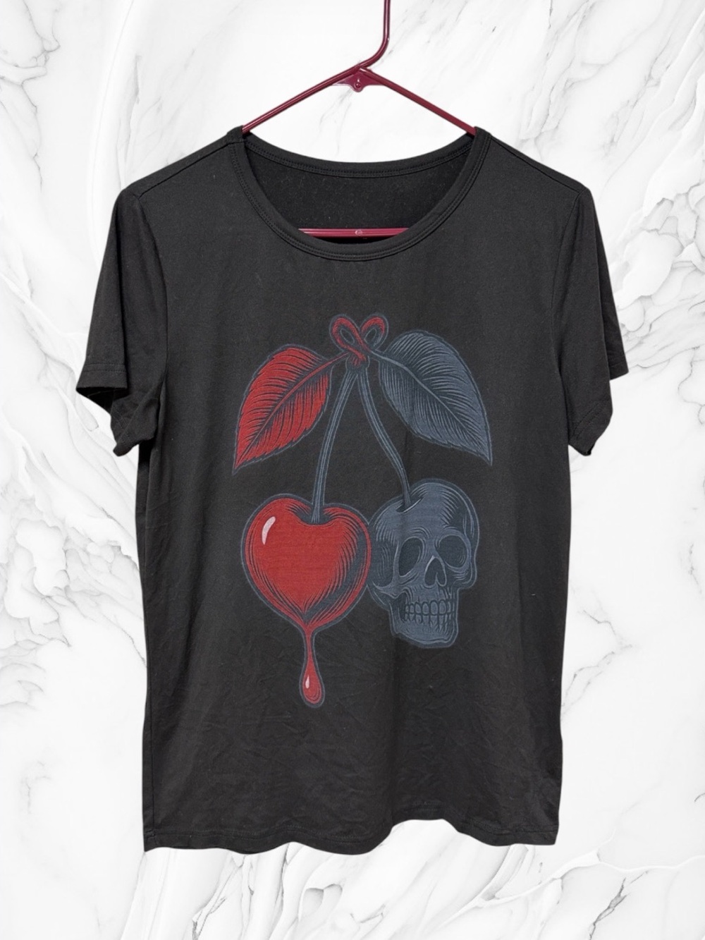 Black Short Sleeve soft Tee with Red cherry & Skull Graphic small